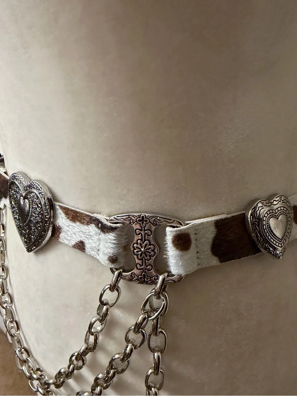 Haute Hippie Cow Print faux fur Hair-on-Hide Heart Chain Belt NWT